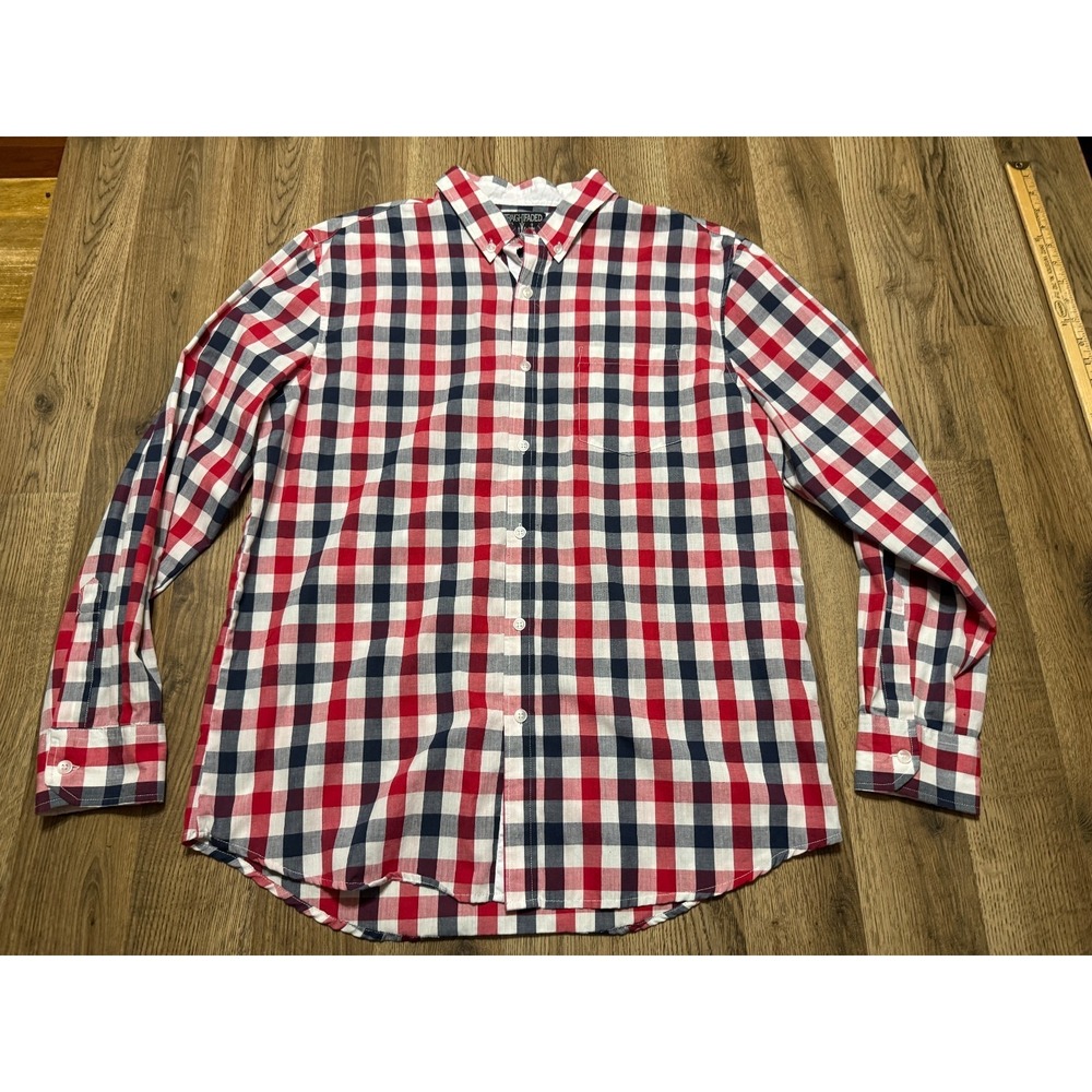 Straightfaded Shirt, Mens Size Large, Red White Blue Plaid Long Sleeve Button Up